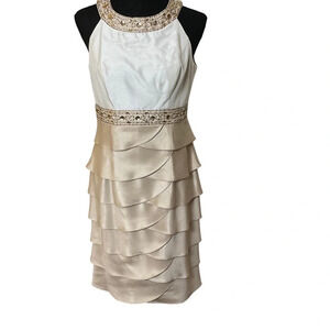 Jessica H Dress with Scalloped Bottom and Jeweled Neck.